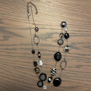 CHICOS MULTI-Stone, Multi-length Necklace.  Black, white, silver metal. 21” PLUS